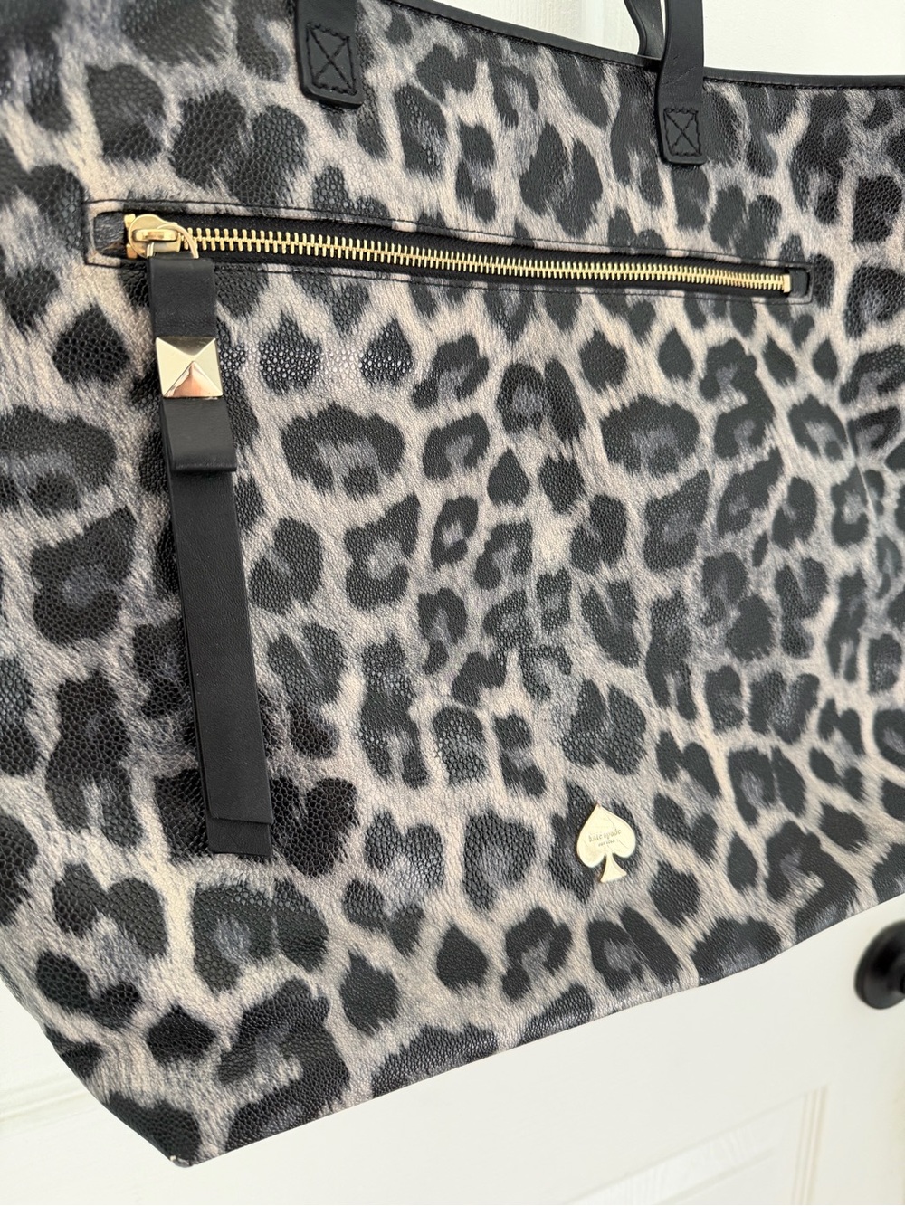 Kate Spade Gray Black Leopard Print Bow Detail Tote Shoulder Bag Travel Handbag - Picture 2 of 11